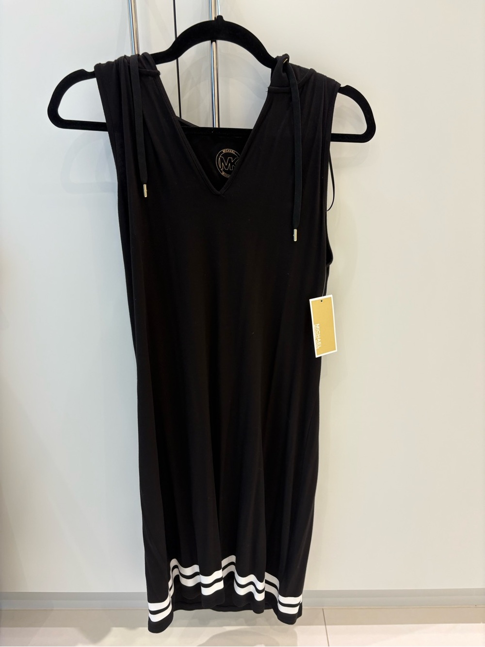 Michael Kors Black Sleeveless Hooded V-Neck Dress with White Hem Stripes